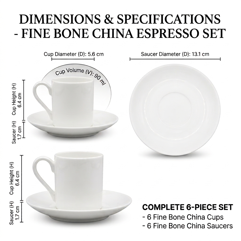 Fine Bone China Espresso Cup & Saucer Set – 6 Cups & 6 Saucers