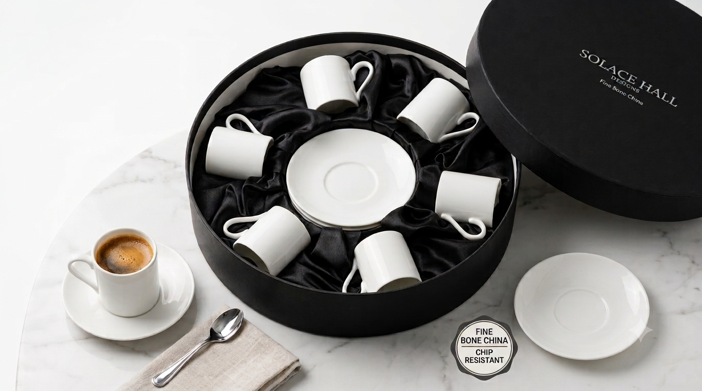 Fine Bone China Demitasse Cup & Saucer Set with 6 white cups and matching saucers